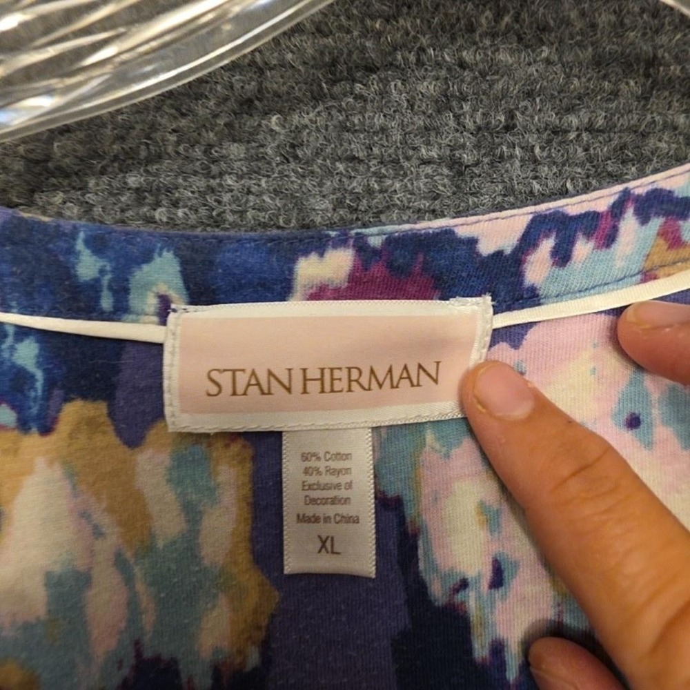 Stan Herman Gown Womens XL Purple Floral Jersey Kaftan Zip Front 3/4 Sleeve - Picture 2 of 12